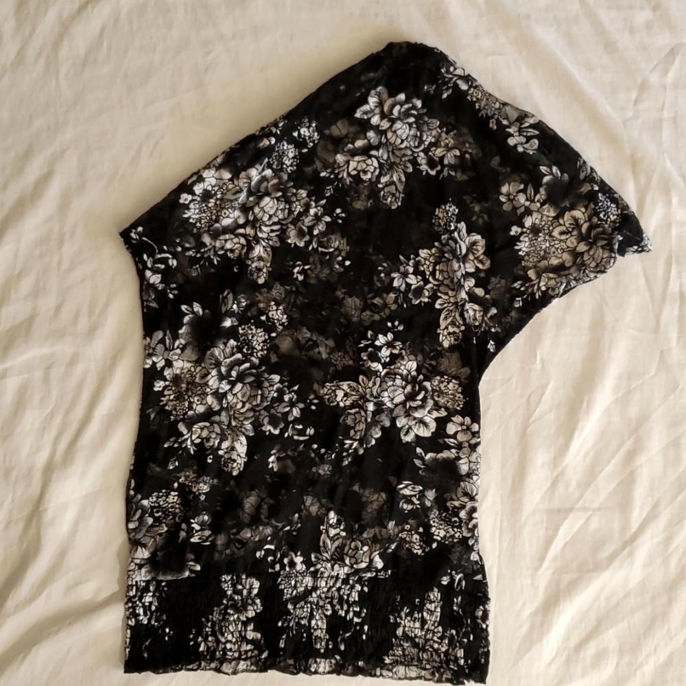 One shoulder, black and white floral print blouse